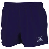 Dark navy Gilbert Saracen V3 Short – Senior athletic rugby shorts featuring an elastic waistband and a white Gilbert logo and emblem on the lower left leg, designed to be lightweight yet durable for comfort during rigorous sports activities.