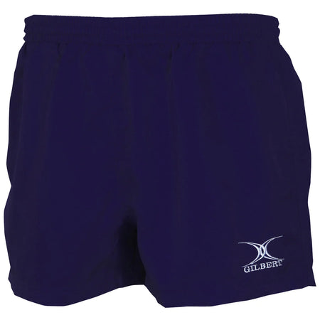 Dark navy Gilbert Saracen V3 Short – Senior athletic rugby shorts featuring an elastic waistband and a white Gilbert logo and emblem on the lower left leg, designed to be lightweight yet durable for comfort during rigorous sports activities.