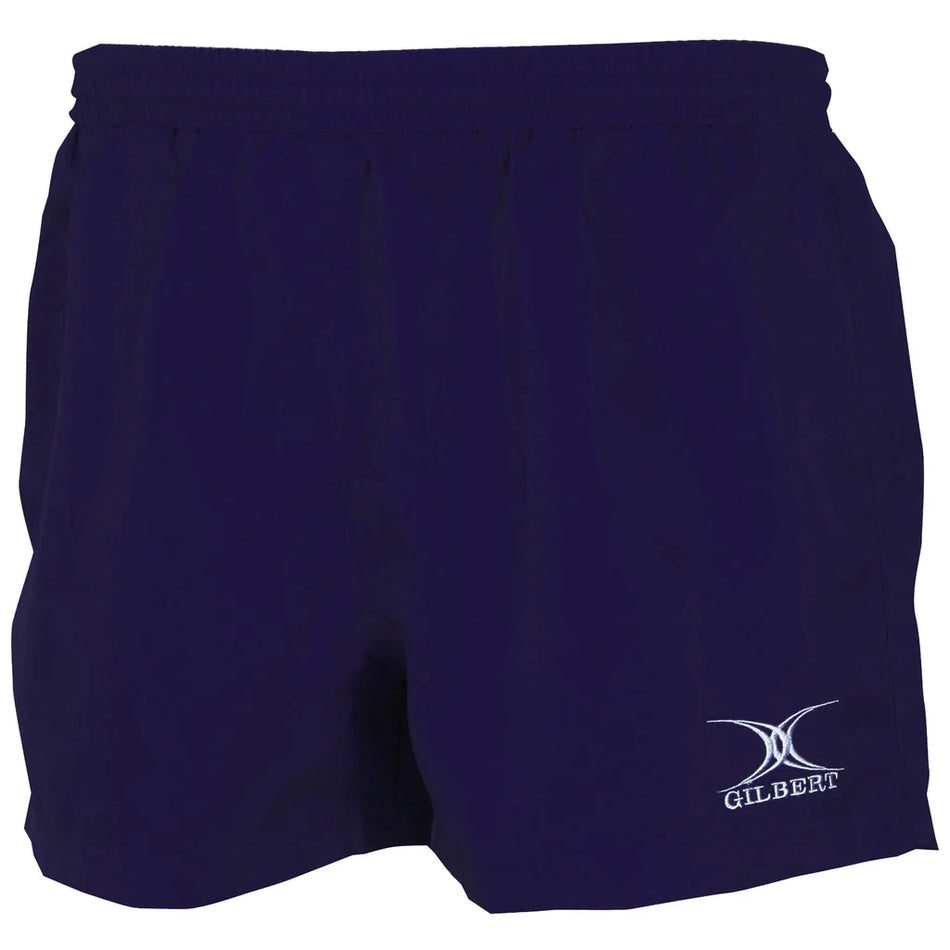 Dark navy Gilbert Saracen V3 Short – Senior athletic rugby shorts featuring an elastic waistband and a white Gilbert logo and emblem on the lower left leg, designed to be lightweight yet durable for comfort during rigorous sports activities.