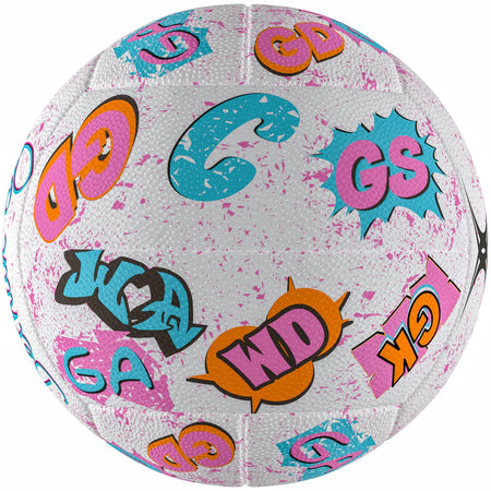 The Gilbert Ambassador Signature Netball by Gilbert is a white size 5 ball featuring a speckled pink pattern and colorful comic book-style speech bubbles with positions like GD, GS, GK, WD, WA, and C—perfect for netball enthusiasts.