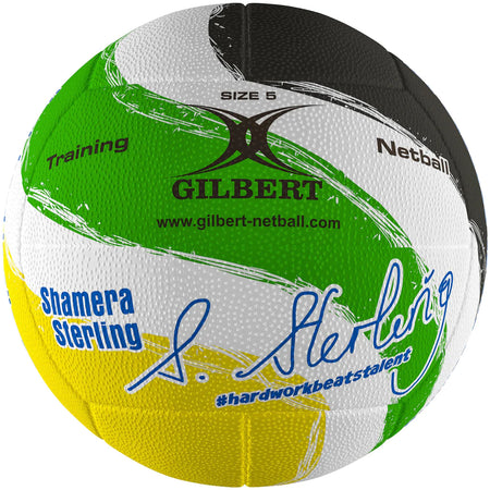 The Gilbert Ambassador Signature Netball by Gilbert features green, white, yellow, and black panels, is signed by S. Sterling with #hardworkbeatstalent, Training, Netball, shamera sterling, and Size 5 printed on it.