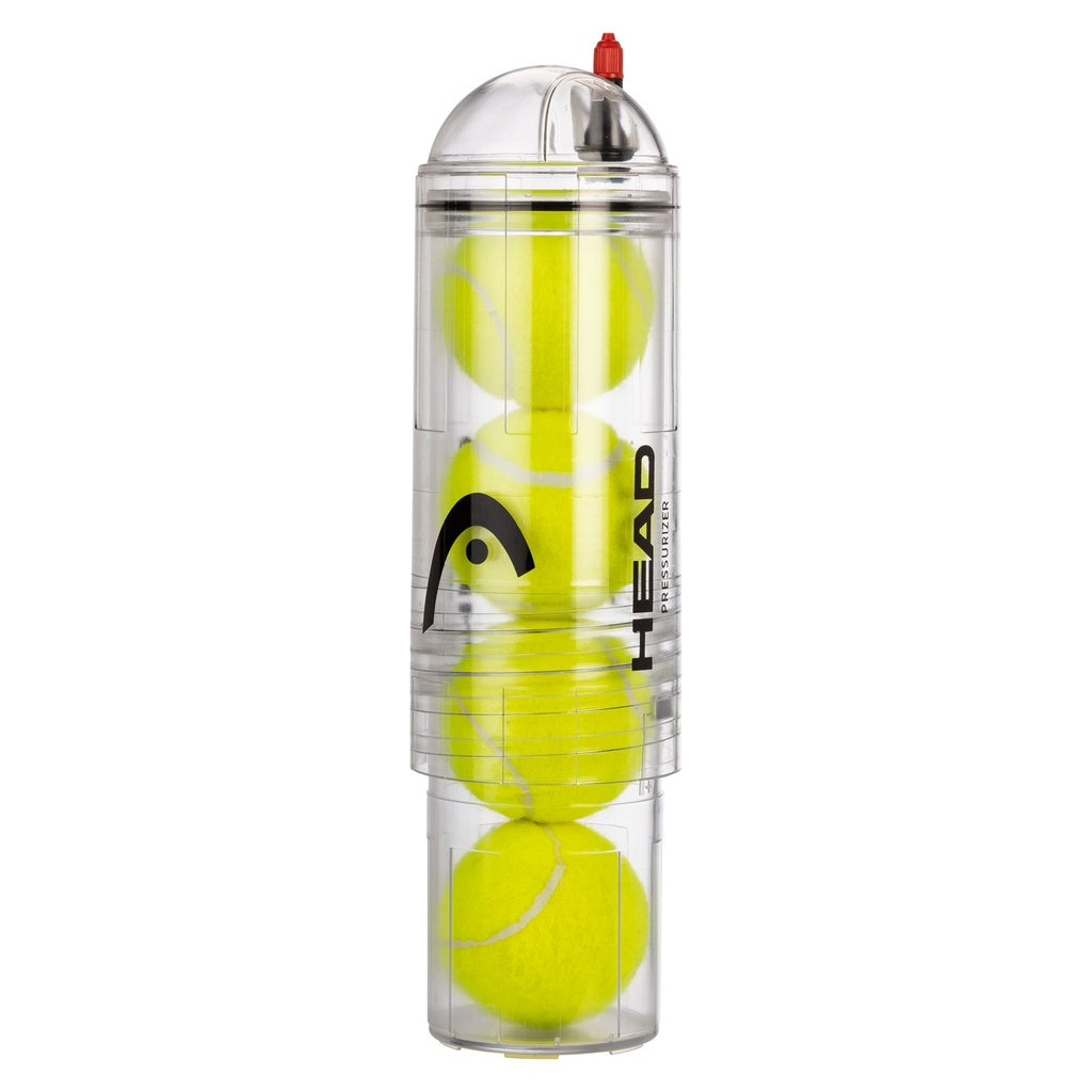 A clear cylindrical container with a red button on top holds four yellow tennis balls. The Head X4 Pump Ball Pressuriser by Head keeps your balls fresh and pressurized, ready for play.