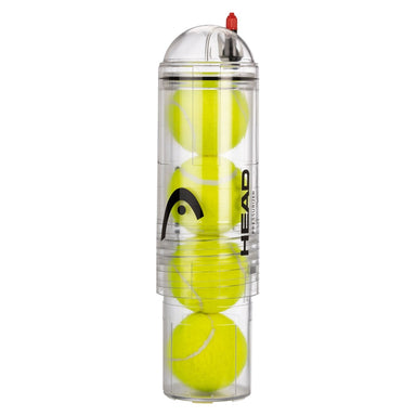 A clear cylindrical container with a red button on top holds four yellow tennis balls. The Head X4 Pump Ball Pressuriser by Head keeps your balls fresh and pressurized, ready for play.