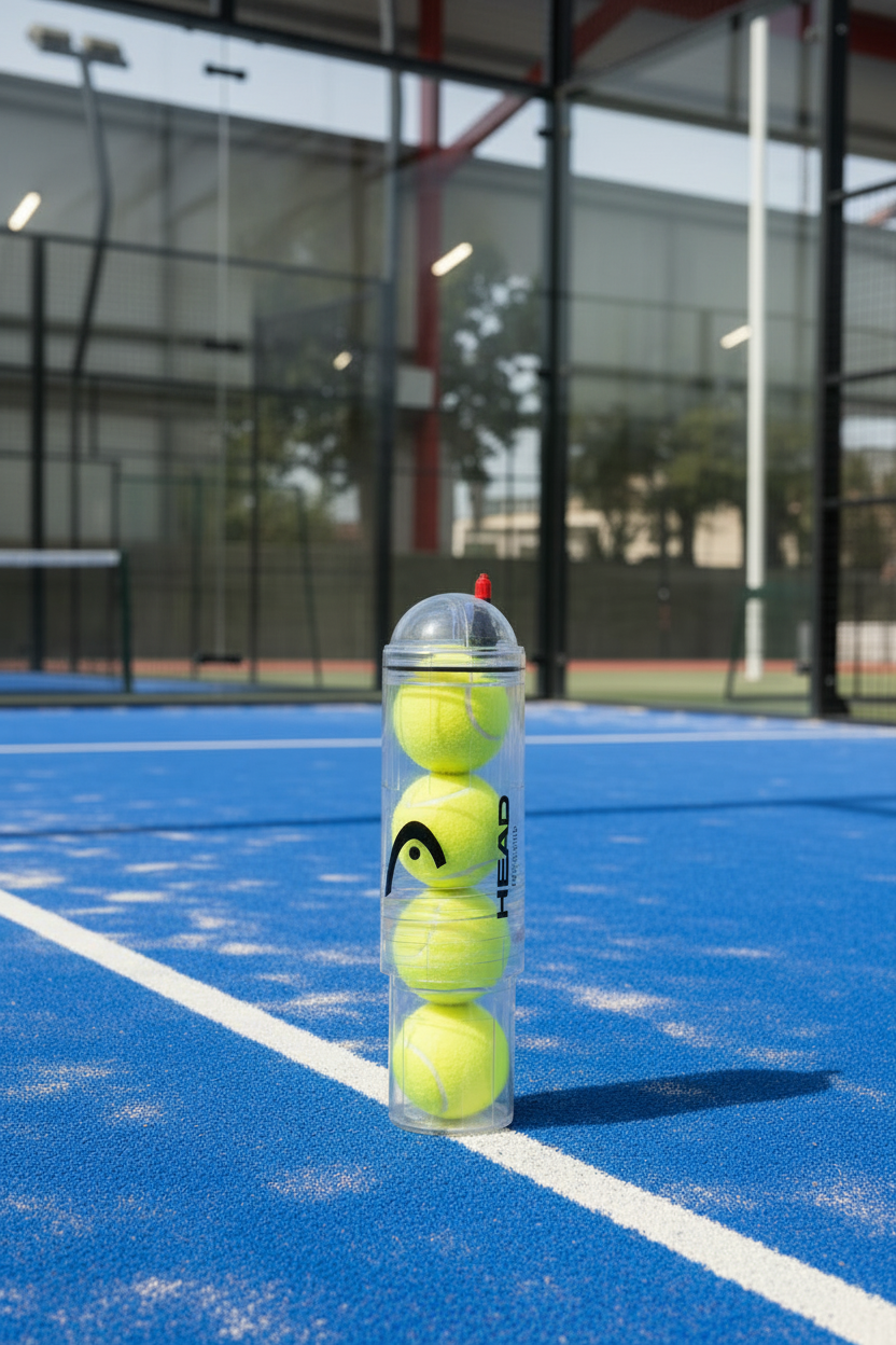 A clear plastic tube with four bright yellow tennis balls stands upright on a blue outdoor court, with a net and fence behind—perfect for use with the Head X4 Pump Ball Pressuriser by Head.