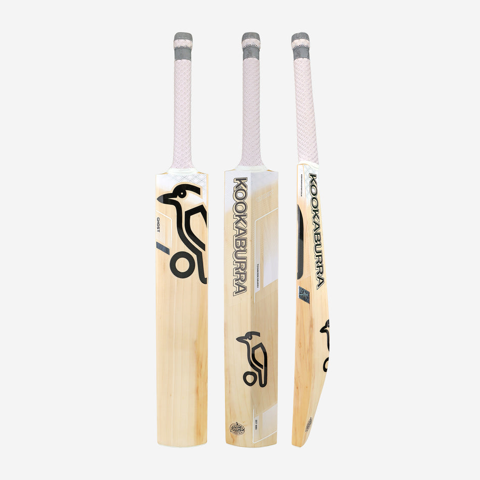 Three Kookaburra Ghost Cricket Bat 2025 models are shown from the front, back, and side, featuring light wood, white handles, and distinctive black Kookaburra branding—perfect for classical stroke-players.