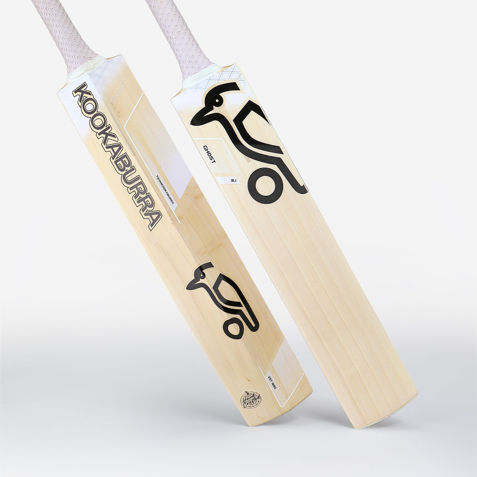 Two Kookaburra Ghost 3.1 Junior Cricket Bat 2025 models stand upright against a white background, featuring the Kookaburra brand and black bird logo on the front and spine of these English willow junior bats.