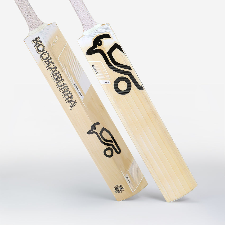 Two light-colored Kookaburra Ghost 6.4 Junior Cricket Bat 2025 stand upright, each displaying bold black Kookaburra logos and branding on the face, set against a plain white background.