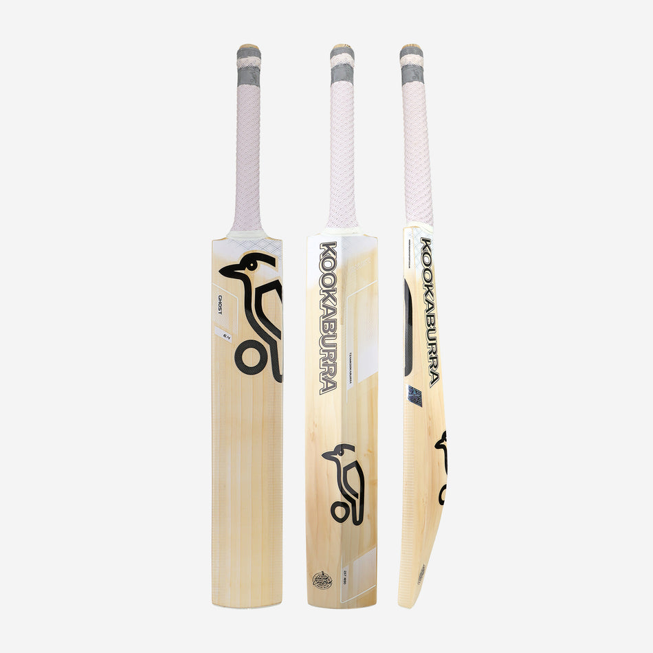 Three views of the Kookaburra Ghost Cricket Bat 2025 by Kookaburra, featuring a white grip, light wood finish, and black logo on all sides—perfect for classical stroke players—are shown upright against a white background.
