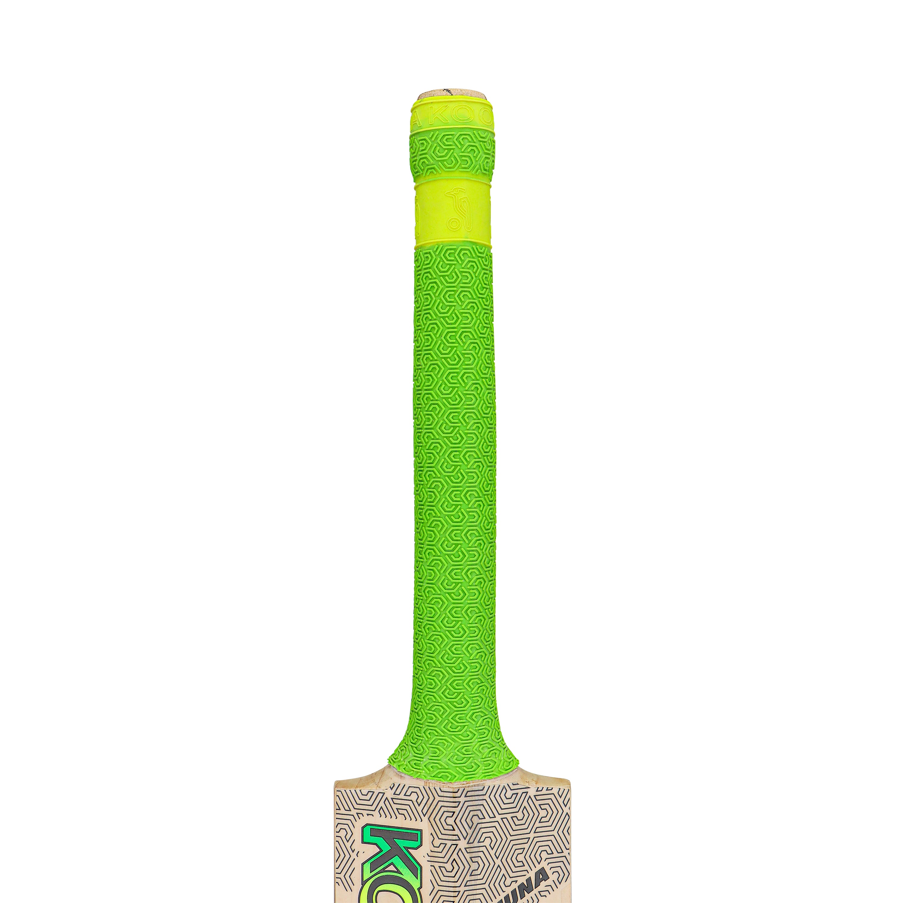 The image shows the handle of the Kookaburra Kahuna Jos Buttler Pro Players Replica Cricket Bat 2026 with a bright green textured grip and a yellow band covering the top end.