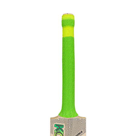 The image shows the handle of the Kookaburra Kahuna Jos Buttler Pro Players Replica Cricket Bat 2026 with a bright green textured grip and a yellow band covering the top end.