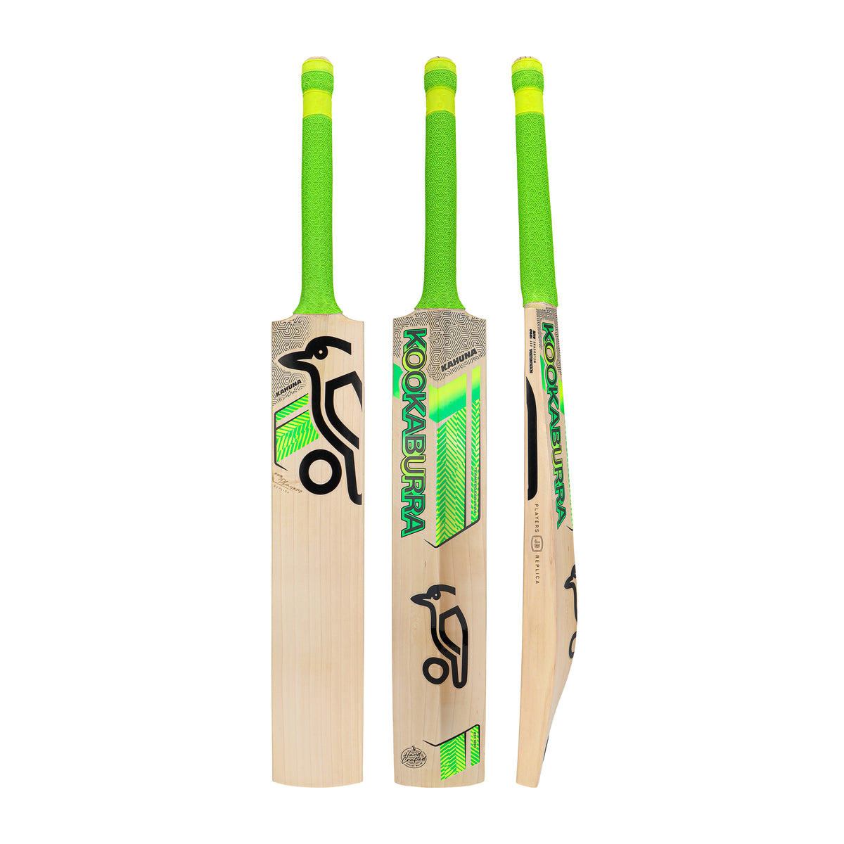 Three Kookaburra Kahuna Jos Buttler Pro Players Replica Cricket Bats 2026 are displayed upright, showing front, back, and side. Each features a green grip, light blade, and black-green Kookaburra branding against a white background.