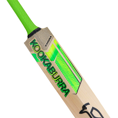 A close-up of a Kookaburra Kahuna Pro Players Edition Cricket Bat 2026 featuring a vivid green handle and bold green, black, and silver branding on the Grade 1 Players quality English willow blade.