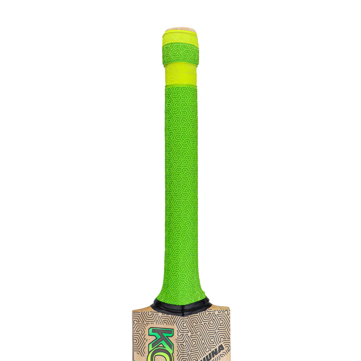 A close-up of the upper part of the Kookaburra Kahuna Pro Players Edition Cricket Bat 2026, featuring its green textured handle and a glimpse of the English Willow blade.