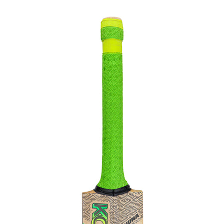 A close-up of the upper part of the Kookaburra Kahuna Pro Players Edition Cricket Bat 2026, featuring its green textured handle and a glimpse of the English Willow blade.