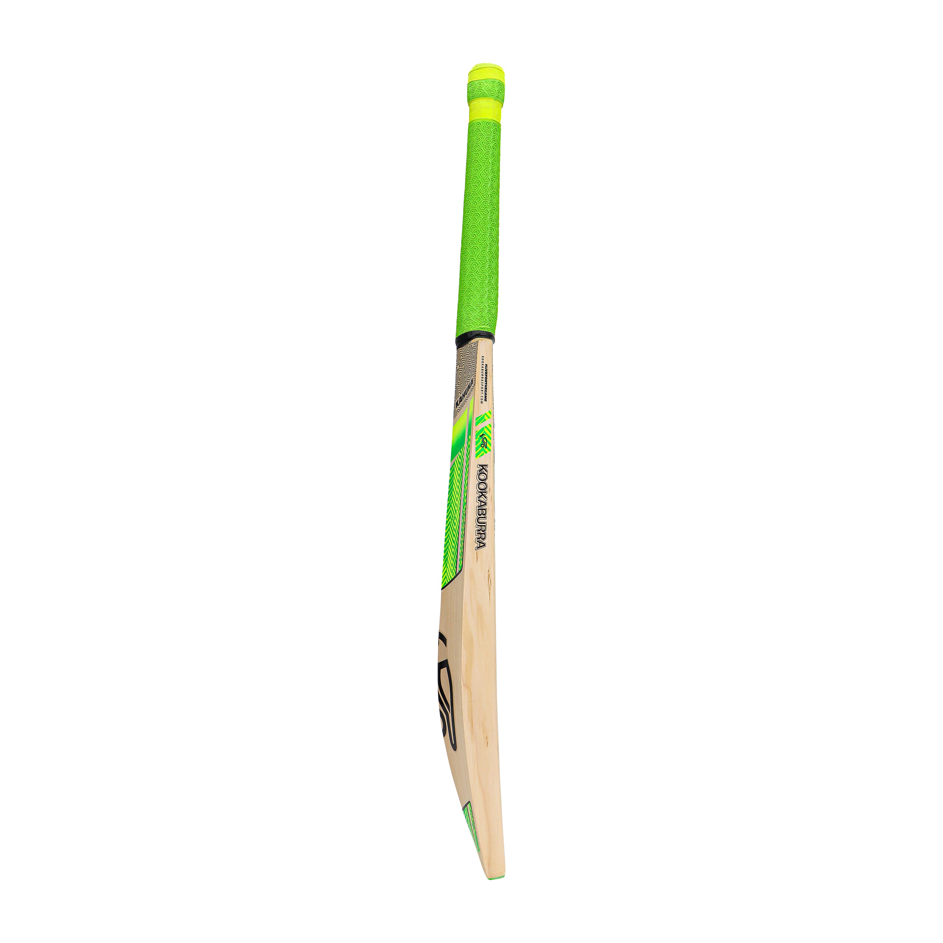The Kookaburra Kahuna Pro Players Edition Cricket Bat 2026 is a Grade 1 Players quality English Willow bat featuring a bright green grip and black-green blade detailing, shown against a white background.