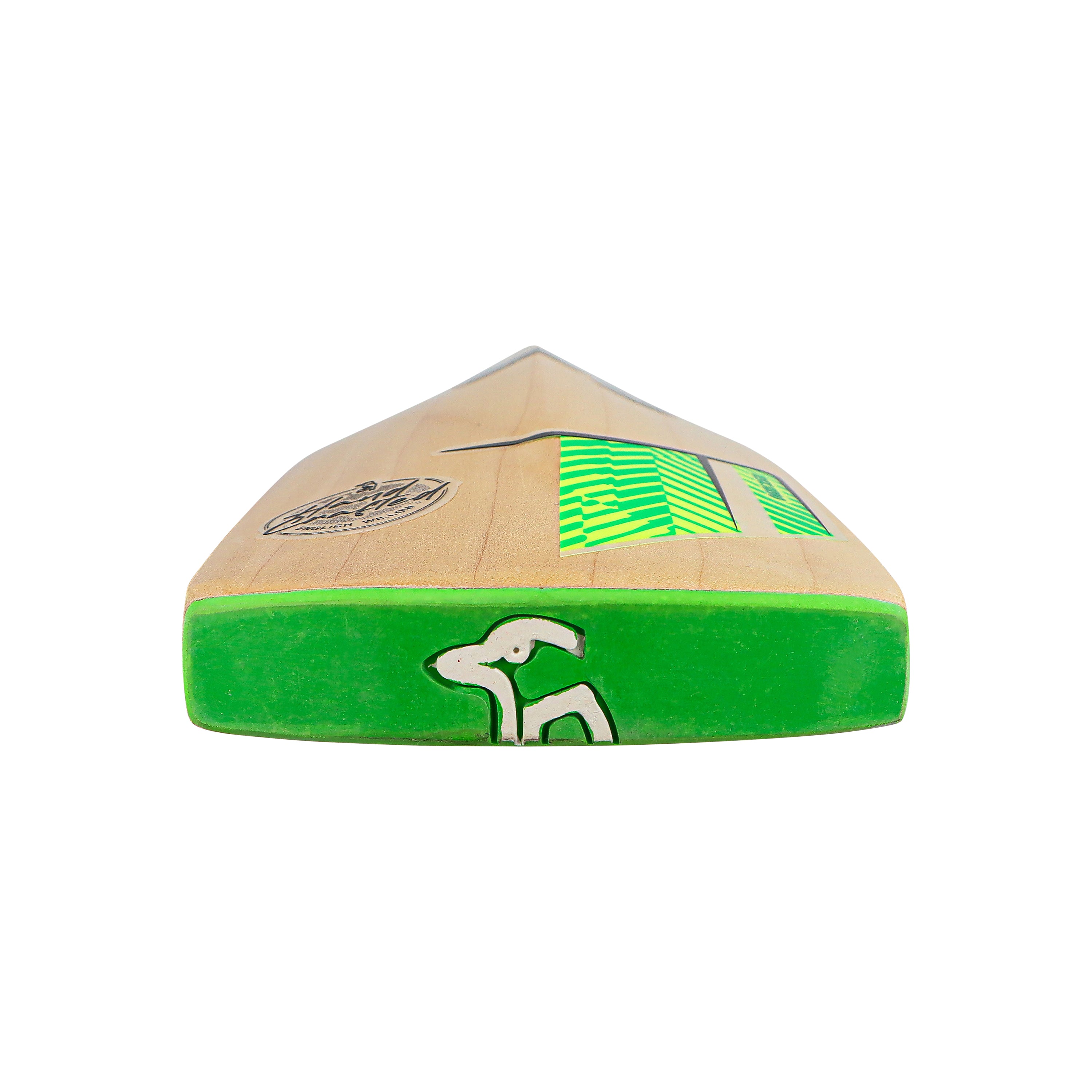 A Kookaburra Kahuna Pro Players Edition Cricket Bat 2026 by Kookaburra is photographed from the toe, featuring a green edge, white animal logo, and green-and-black design stickers on its face against a white background.
