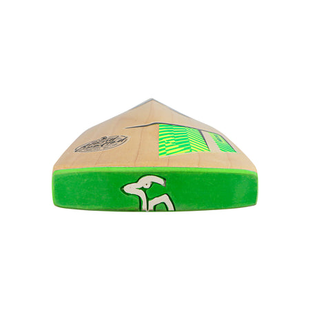 A Kookaburra Kahuna Pro Players Edition Cricket Bat 2026 by Kookaburra is photographed from the toe, featuring a green edge, white animal logo, and green-and-black design stickers on its face against a white background.