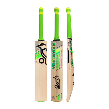 Three Kookaburra Kahuna Pro Players Edition Cricket Bat 2026s by Kookaburra are displayed upright, showing front, back, and side views. Each Grade 1 English Willow bat has a green handle and bold black and green blade graphics.