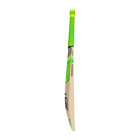 The Kookaburra Kahuna Pro Players Edition Junior Cricket Bat 2026, crafted from Grade 1 English willow, showcases a bright green rubber grip and black-green blade detailing, standing upright against a white background.