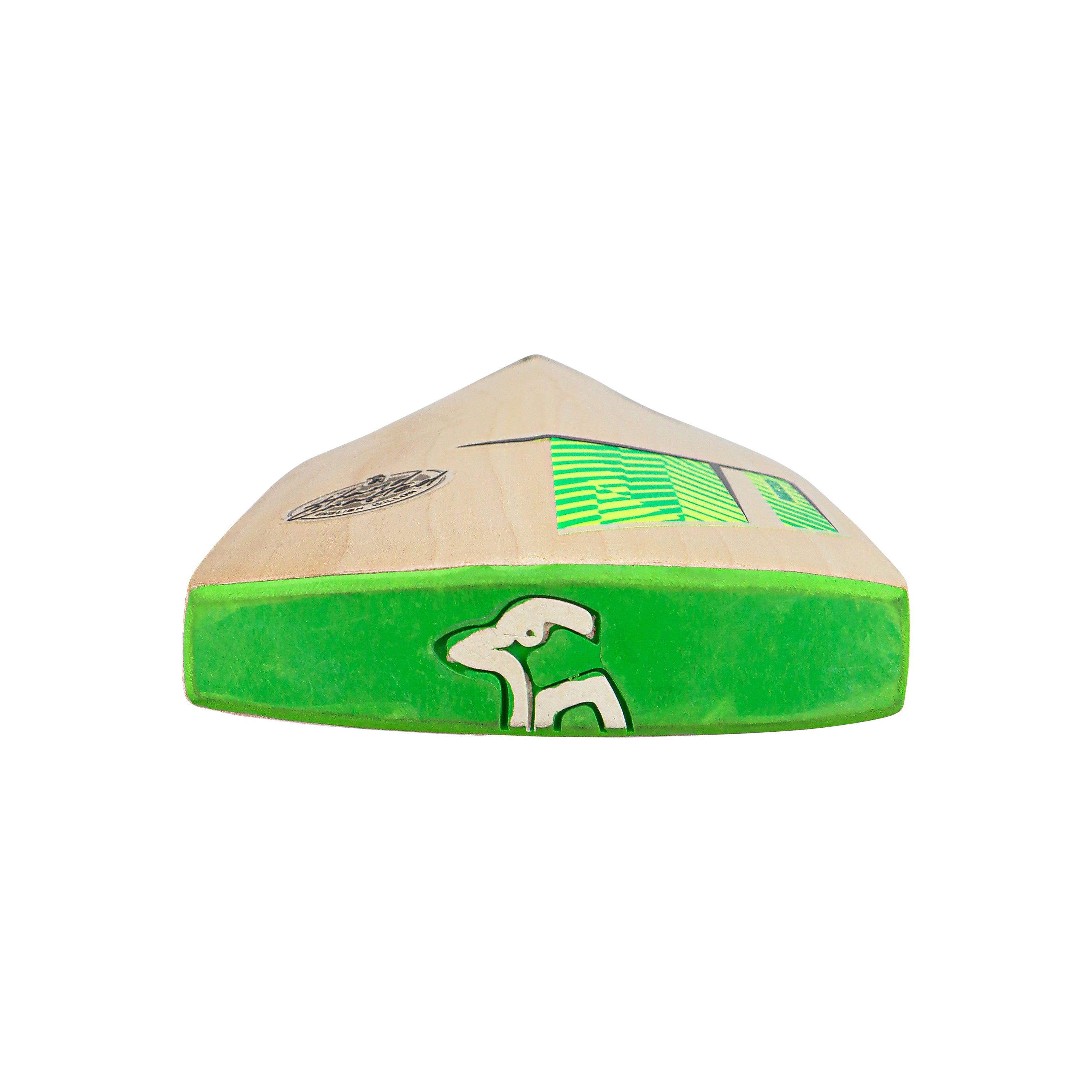 The Kookaburra Kahuna Pro Players Edition Junior Cricket Bat 2026, made from Grade 1 English willow, is shown from the toe with green edges, white and black branding, and green/black decals on light wood against a plain white background.