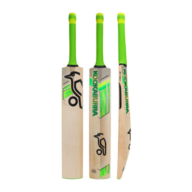 Three views of the Kookaburra Kahuna Pro Players Edition Junior Cricket Bat 2026 by Kookaburra, made from Grade 1 English willow with a light wood body, black and green branding, and a bright green handle; shown front, side, and angled.
