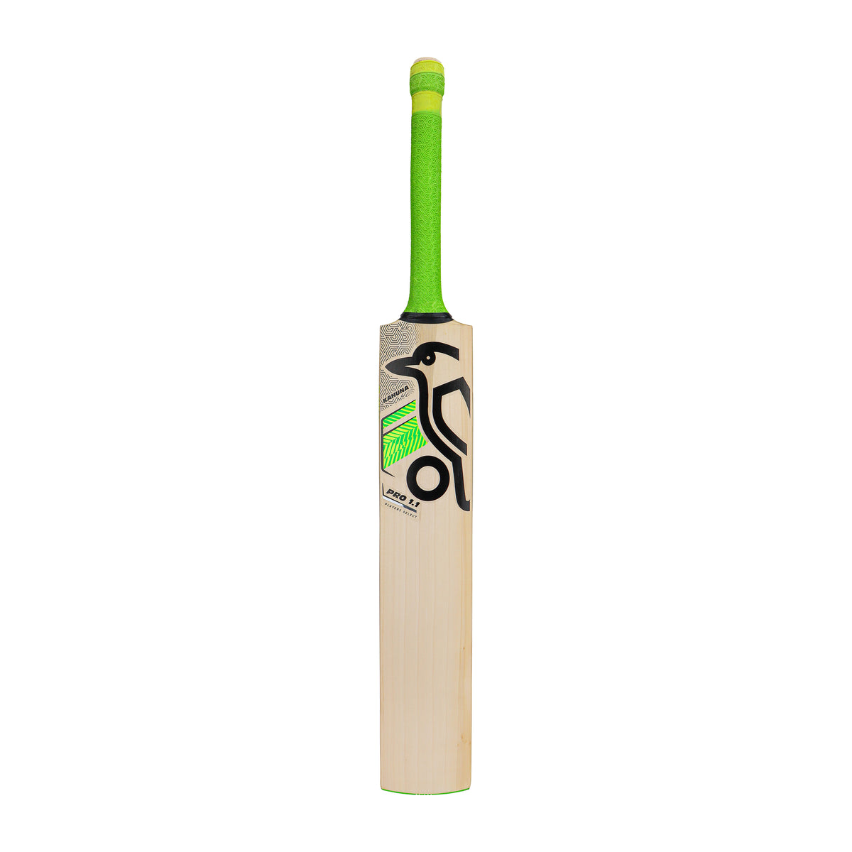 The Kookaburra Kahuna Pro 1.1 Players Select Cricket Bat 2026, made from English Willow, features a green handle, black penguin logo, and bold green and silver accents, standing upright against a white background.