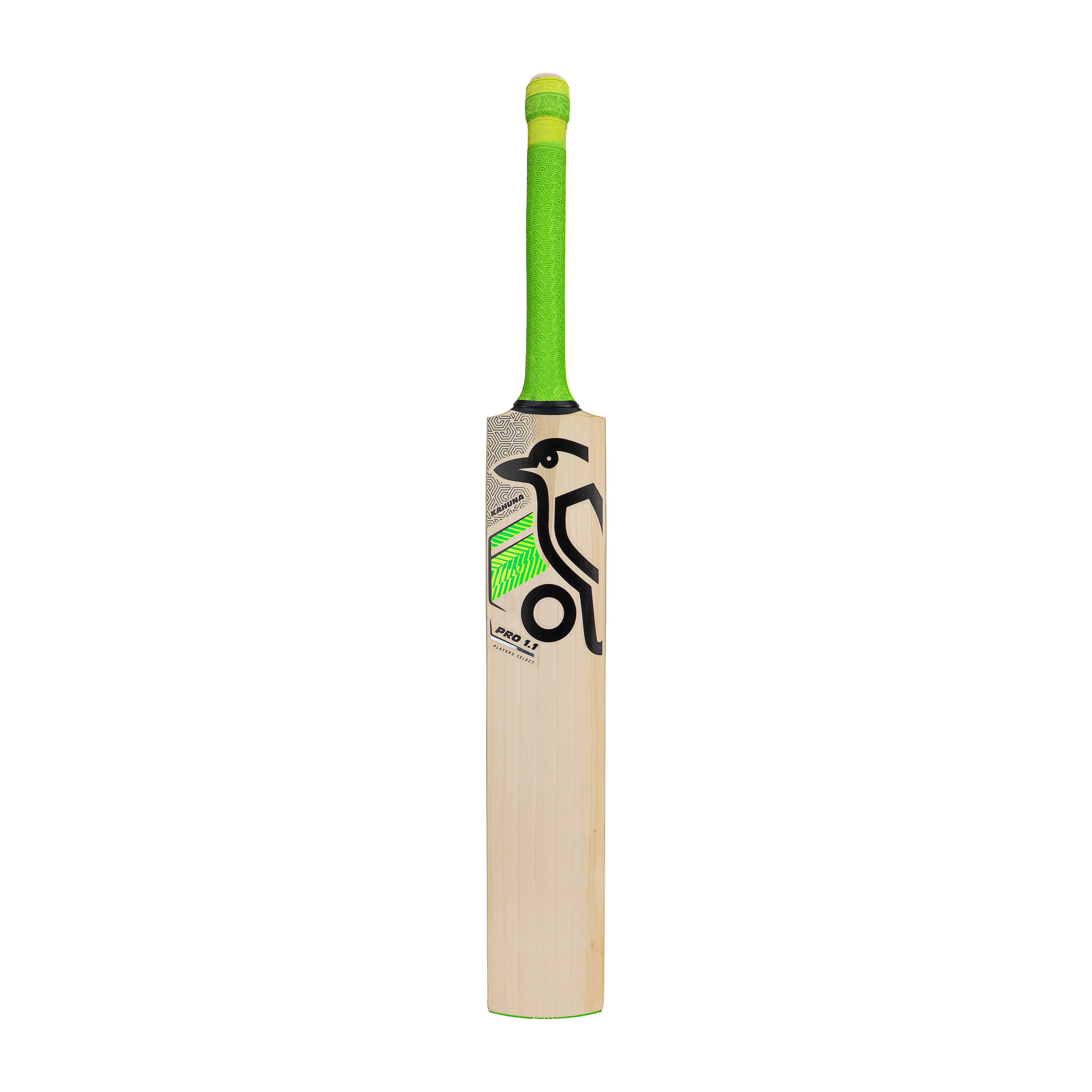 The Kookaburra Kahuna Pro 1.1 Players Select Cricket Bat 2026, made from English Willow, features a green handle, black penguin logo, and bold green and silver accents, standing upright against a white background.