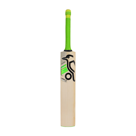 The Kookaburra Kahuna Pro 1.1 Players Select Cricket Bat 2026, made from English Willow, features a green handle, black penguin logo, and bold green and silver accents, standing upright against a white background.