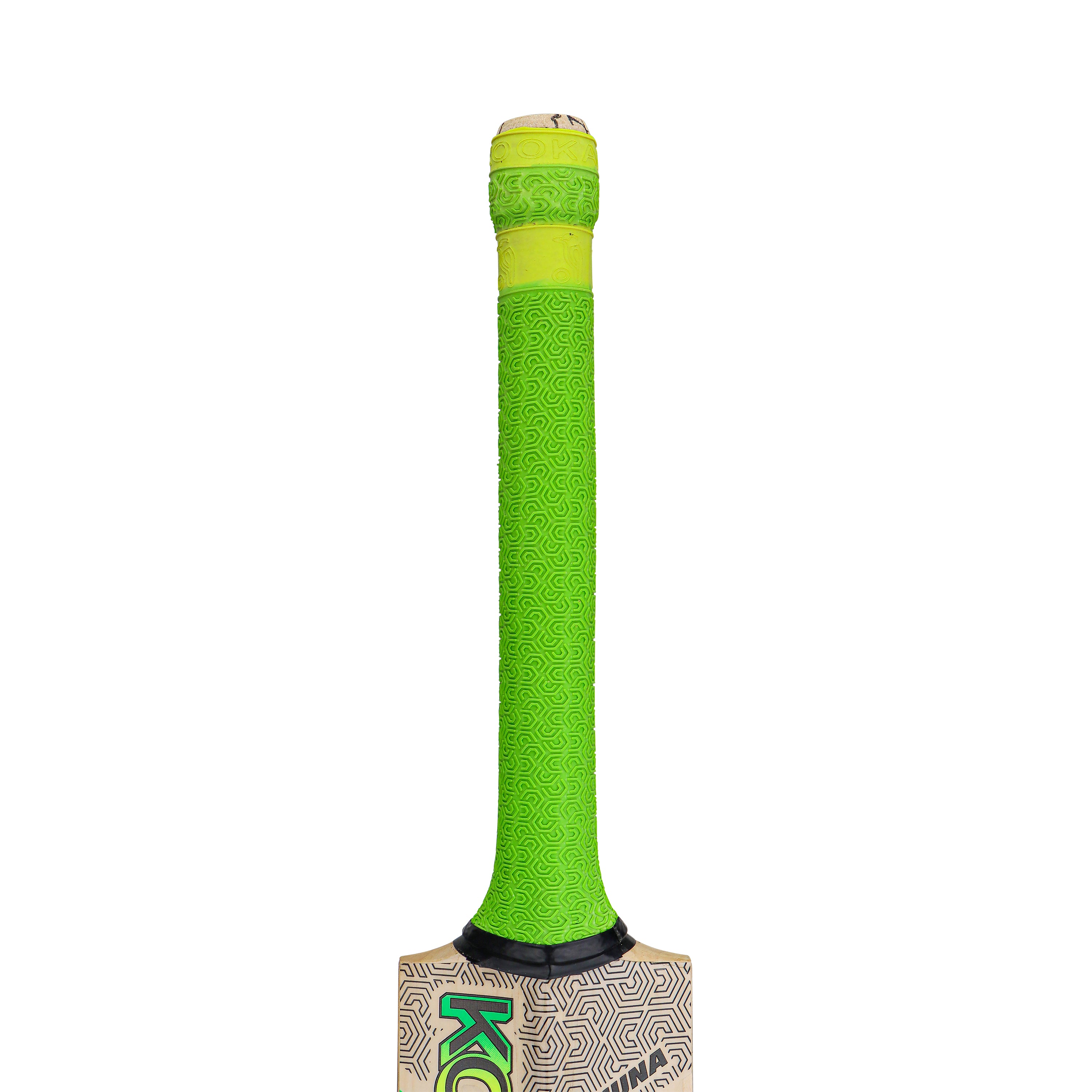 Close-up of the handle of the Kookaburra Kahuna Pro 1.1 Players Select Cricket Bat 2026, featuring a bright green, swirl-patterned grip. The top and part of its boldly designed blade from Kookaburra are also visible.