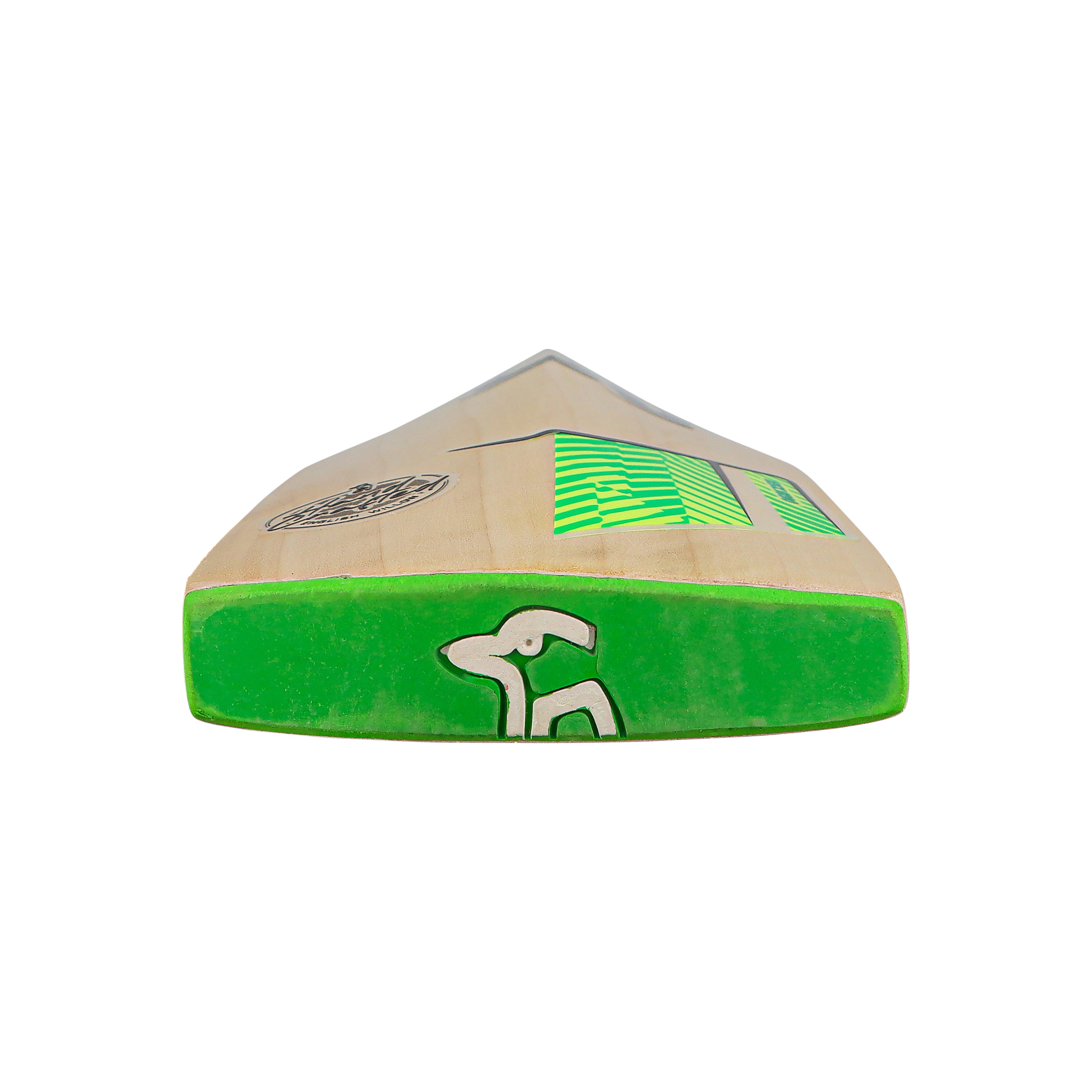 A close-up of the flat end of the Kookaburra Kahuna Pro 1.1 Players Select Cricket Bat 2026, featuring green edges, geometric designs, and a white animal graphic on the lower part, photographed against a white background.