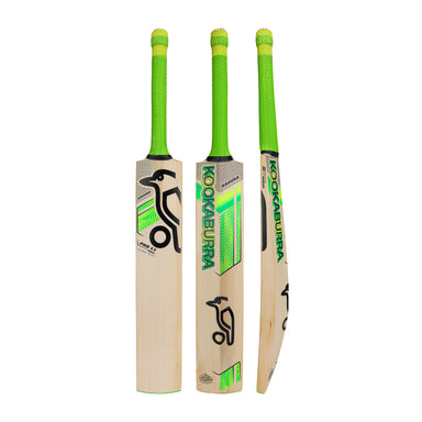 Three views of the Kookaburra Kahuna Pro 1.1 Players Select Cricket Bat 2026 by Kookaburra, featuring a green handle and accents, with front, back, and side profiles shown against a white background and prominent branding.