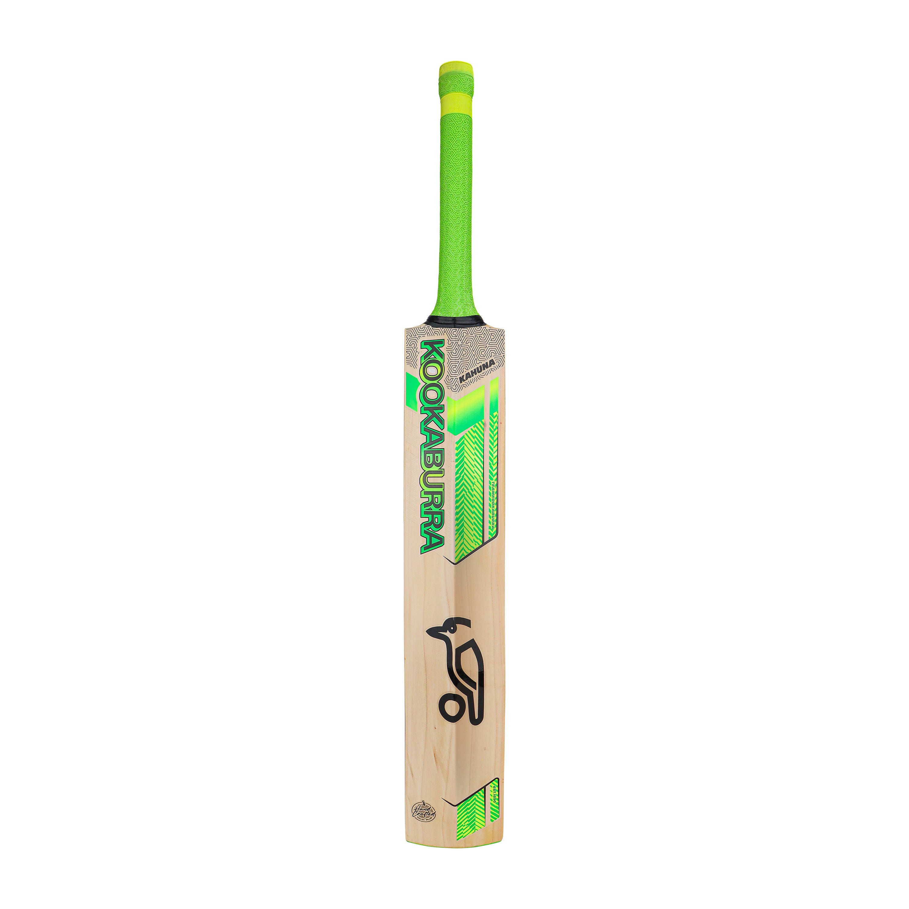 The Kookaburra Kahuna Pro 1.1 Players Select Junior Cricket Bat 2026 features a vibrant green handle, premium English willow, and the Kookaburra black bird logo near the base for a professional look.