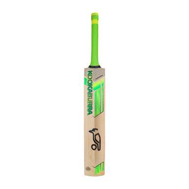 The Kookaburra Kahuna Pro 1.1 Players Select Junior Cricket Bat 2026 features a vibrant green handle, premium English willow, and the Kookaburra black bird logo near the base for a professional look.
