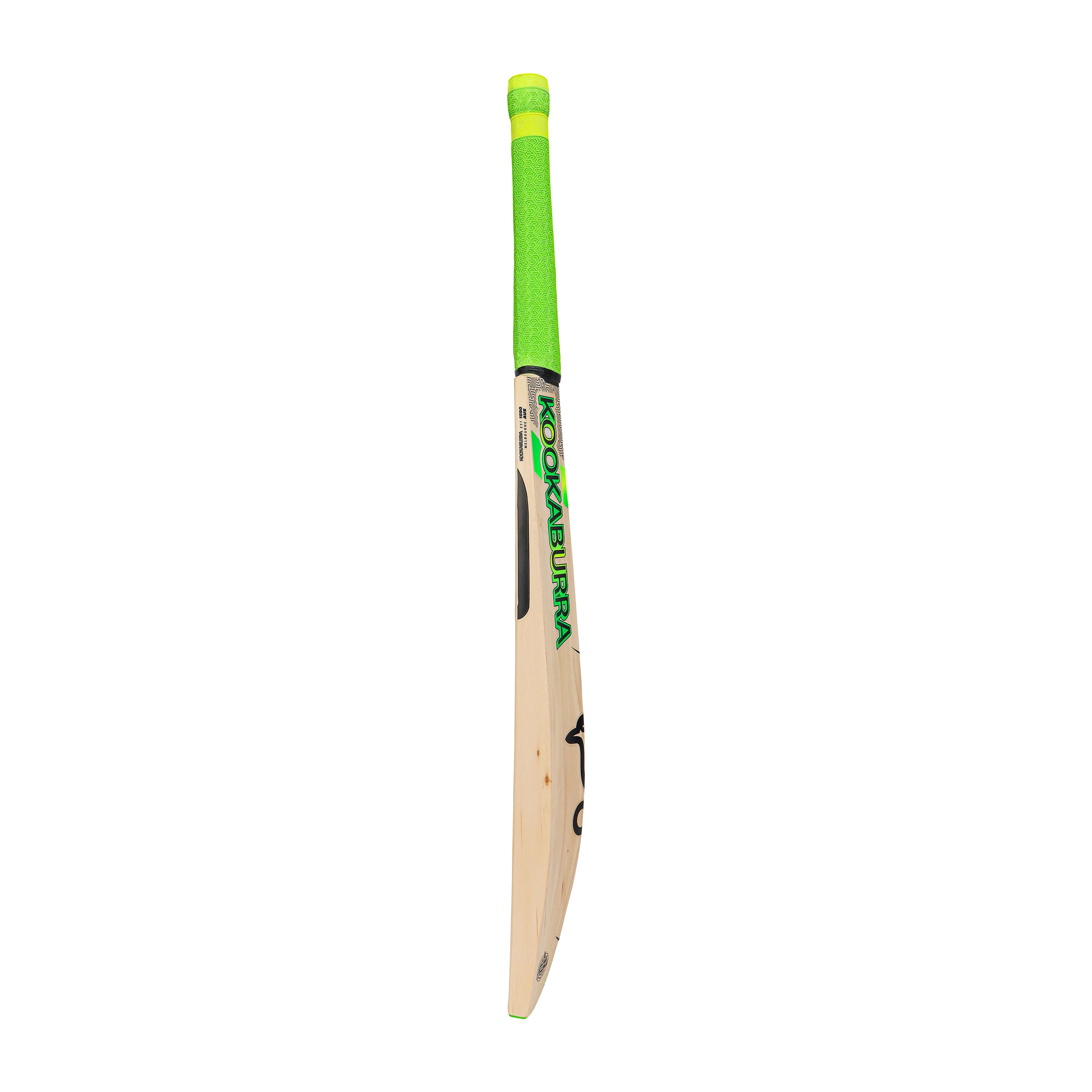 The Kookaburra Kahuna Pro 1.1 Players Select Junior Cricket Bat 2026 features a bright green handle, high-quality Grade y1 English willow, and the Kookaburra brand name in green, all shown against a plain white background.
