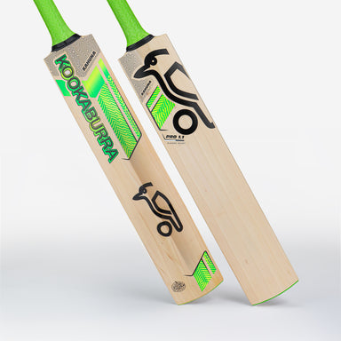 Two Kookaburra Kahuna Pro 1.1 Players Select Junior Cricket Bats for juniors, featuring green handles and black with neon green graphics, are displayed against a white background.