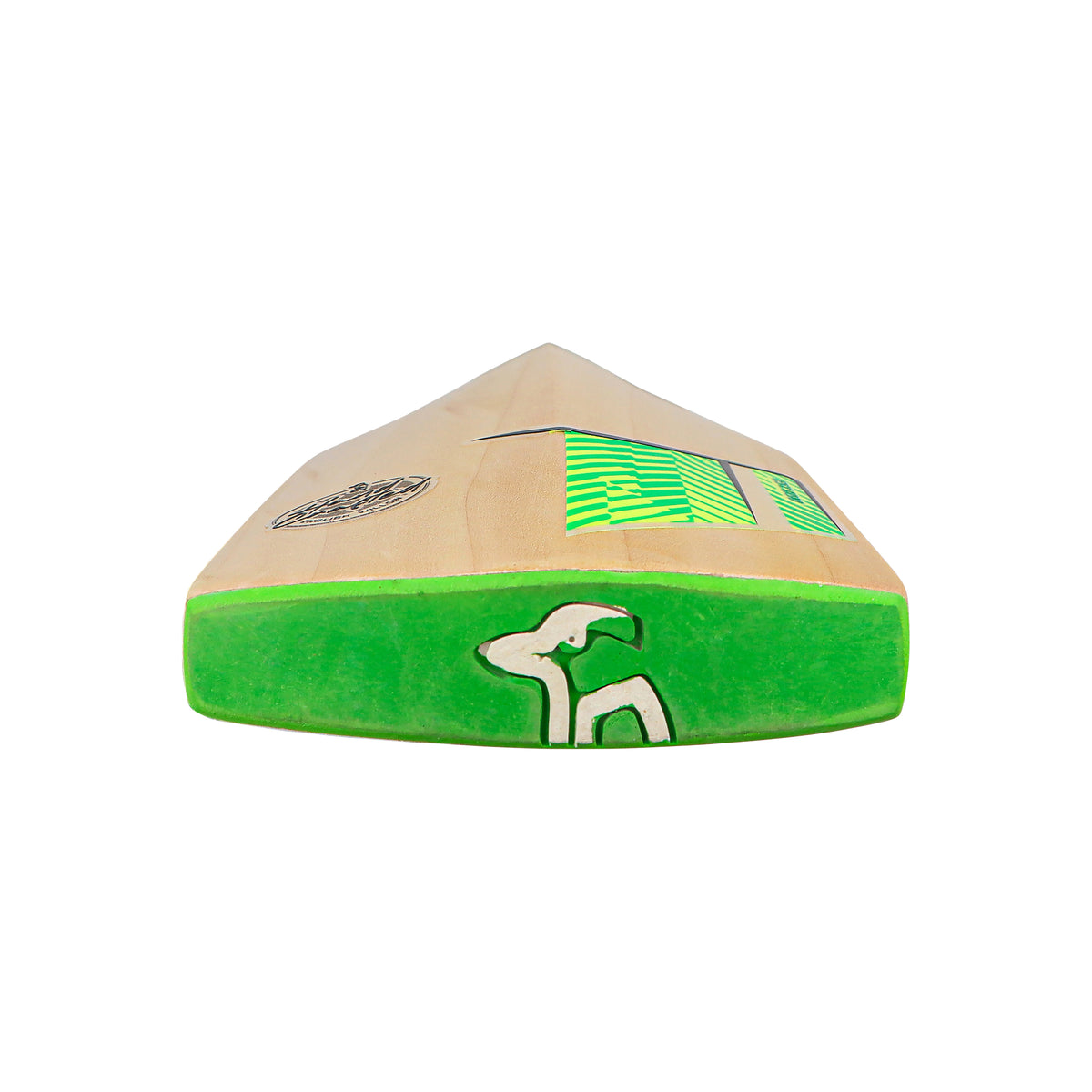 Close-up of the Kookaburra Kahuna Pro 1.1 Players Select Junior Cricket Bat 2026 base, featuring bright green edges, minimal graphics with a stylized animal logo and geometric patterns, shown vertically against a white background.
