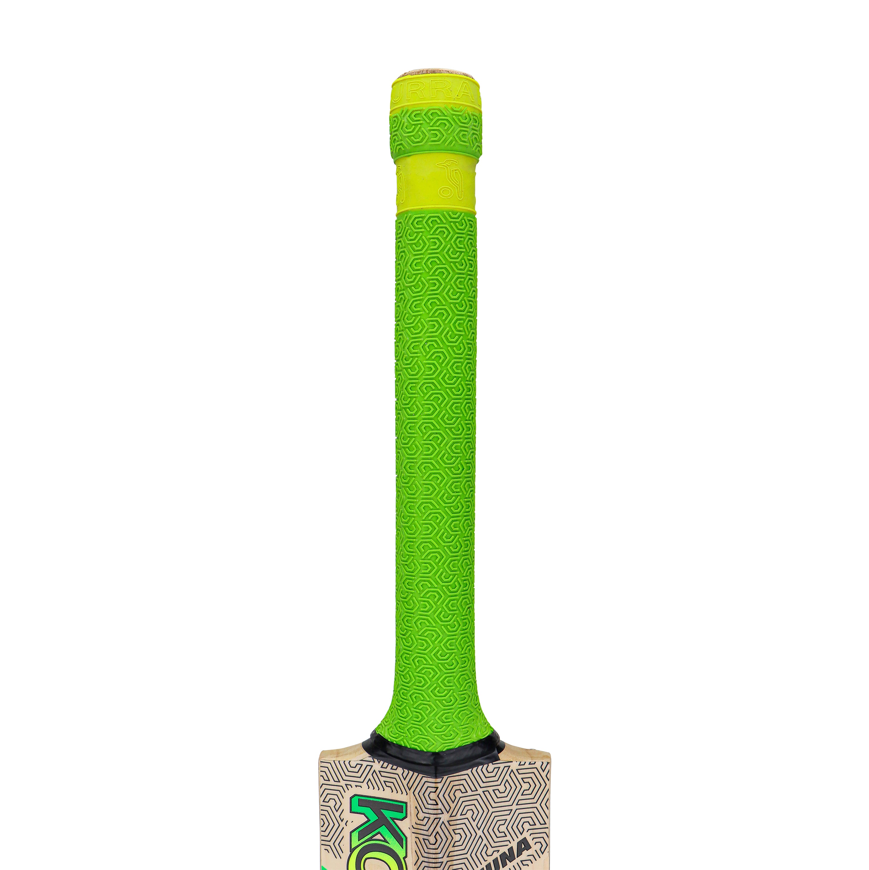 A close-up of the Kookaburra Kahuna Pro 3.1 Icon Cricket Bat 2026 handle by Kookaburra shows a bright green grip with a subtle swirl pattern, highlighting the high sweet spot against a plain white background.