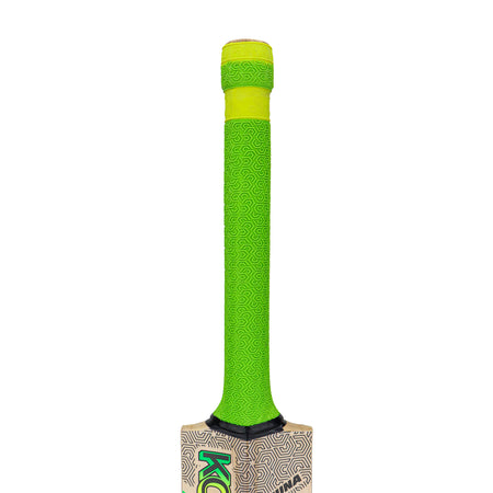 A close-up of the Kookaburra Kahuna Pro 3.1 Icon Cricket Bat 2026 handle by Kookaburra shows a bright green grip with a subtle swirl pattern, highlighting the high sweet spot against a plain white background.