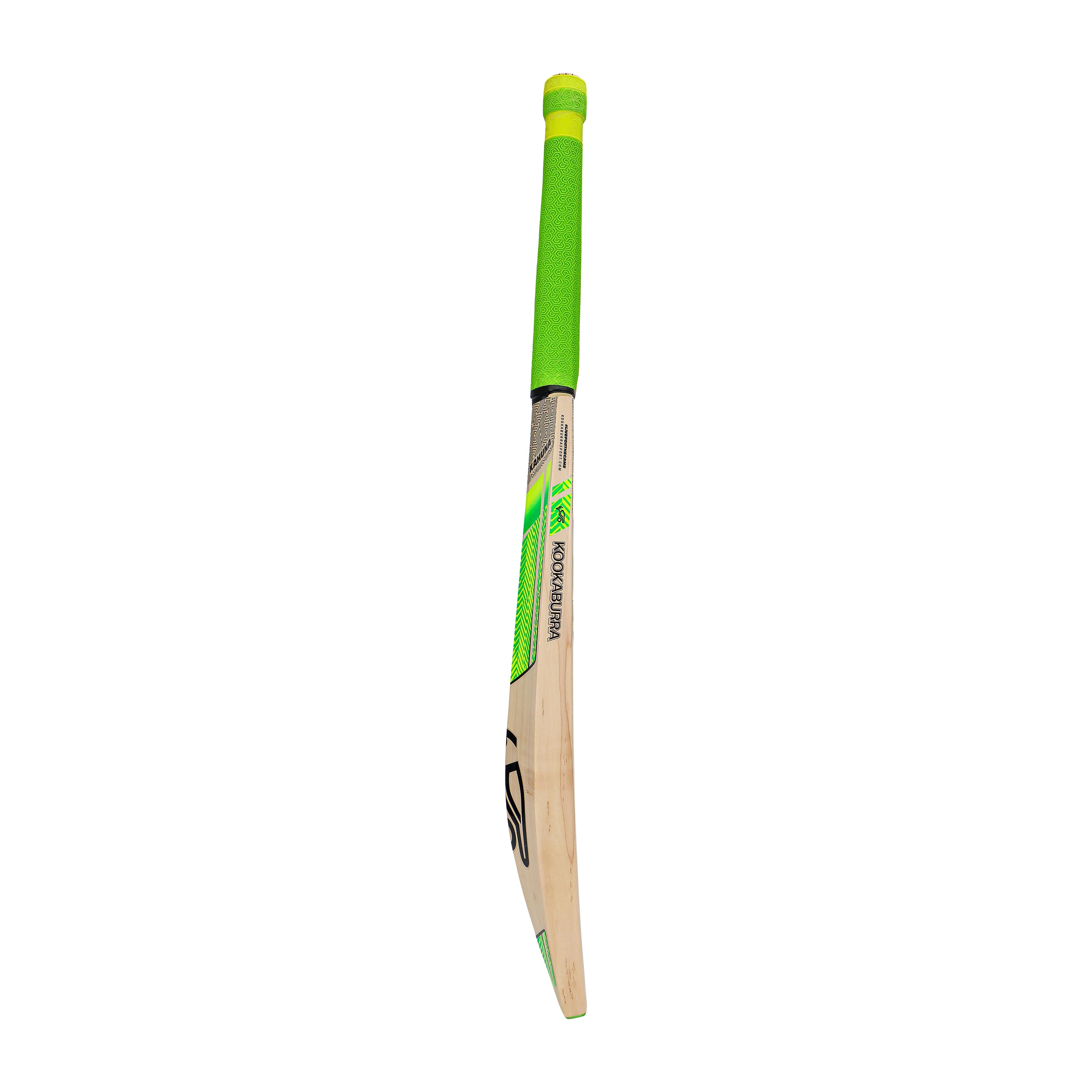 The Kookaburra Kahuna Pro 3.1 Icon Cricket Bat 2026, made from premium English willow, showcases a high sweet spot and bright green grip, displayed upright with a modern design against a white background.