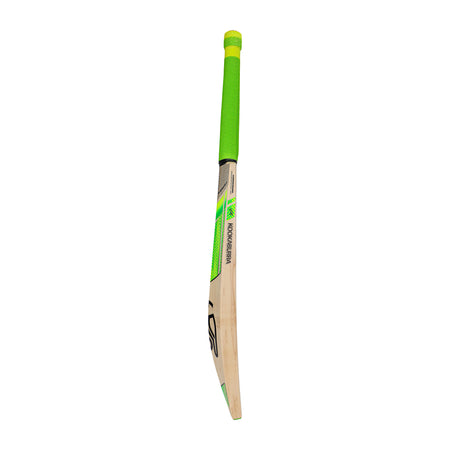 The Kookaburra Kahuna Pro 3.1 Icon Cricket Bat 2026, made from premium English willow, showcases a high sweet spot and bright green grip, displayed upright with a modern design against a white background.