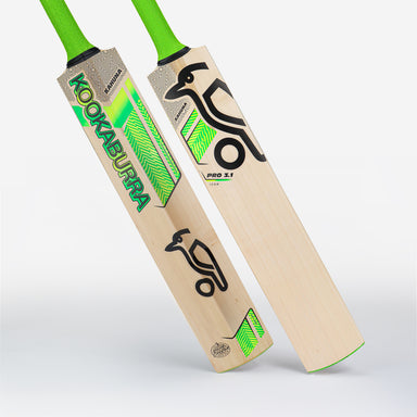 Two Kookaburra Kahuna Pro 3.1 Icon Cricket Bats with green handles are shown; the front displays Kookaburra’s logo and bold green graphics, while the back features a black kookaburra bird—classic English Willow with a high sweet spot.