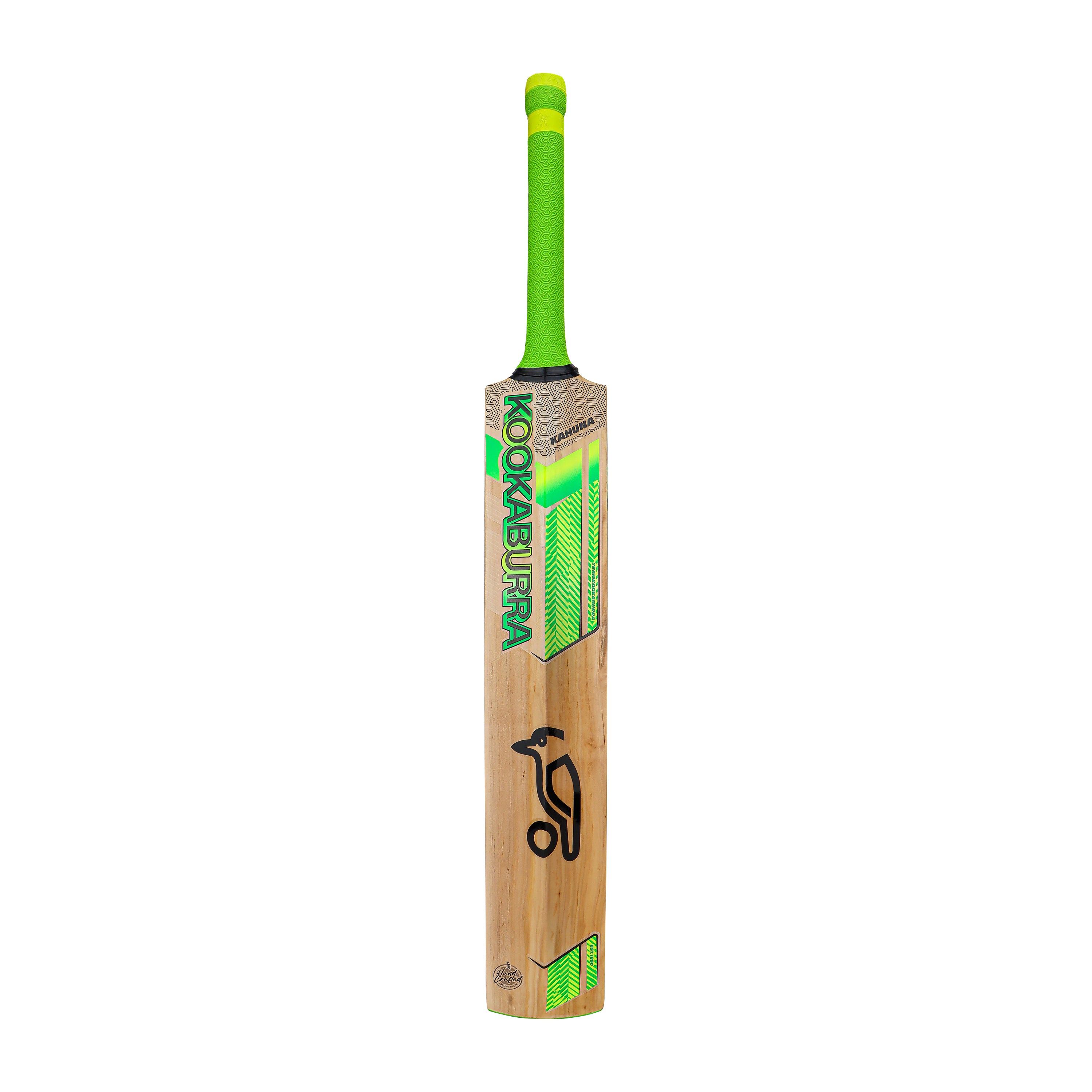 The Kookaburra Kahuna Pro 3.1 Icon Junior Cricket Bat 2026, with a bright green handle and green-yellow branding plus the black Kookaburra bird logo on the front, stands upright against a white backdrop.