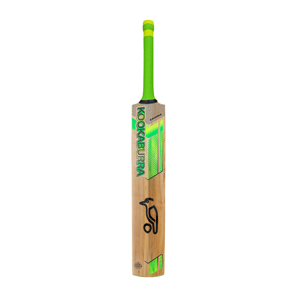 The Kookaburra Kahuna Pro 3.1 Icon Junior Cricket Bat 2026, with a bright green handle and green-yellow branding plus the black Kookaburra bird logo on the front, stands upright against a white backdrop.