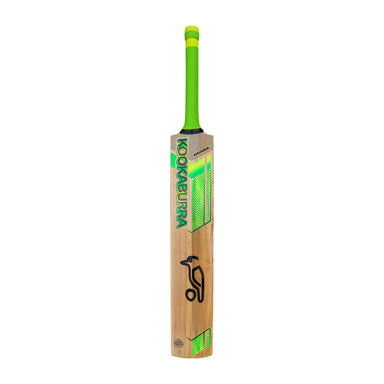 The Kookaburra Kahuna Pro 3.1 Icon Junior Cricket Bat 2026, with a bright green handle and green-yellow branding plus the black Kookaburra bird logo on the front, stands upright against a white backdrop.