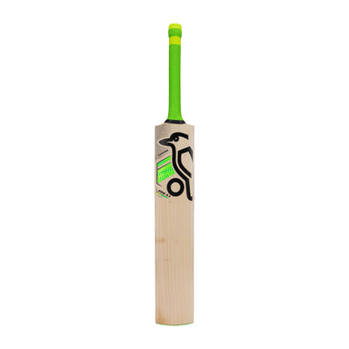 The Kookaburra Kahuna Pro 3.1 Icon Junior Cricket Bat 2026 by Kookaburra, with a bright green handle and a black and green logo on the front, stands upright against a plain white background.