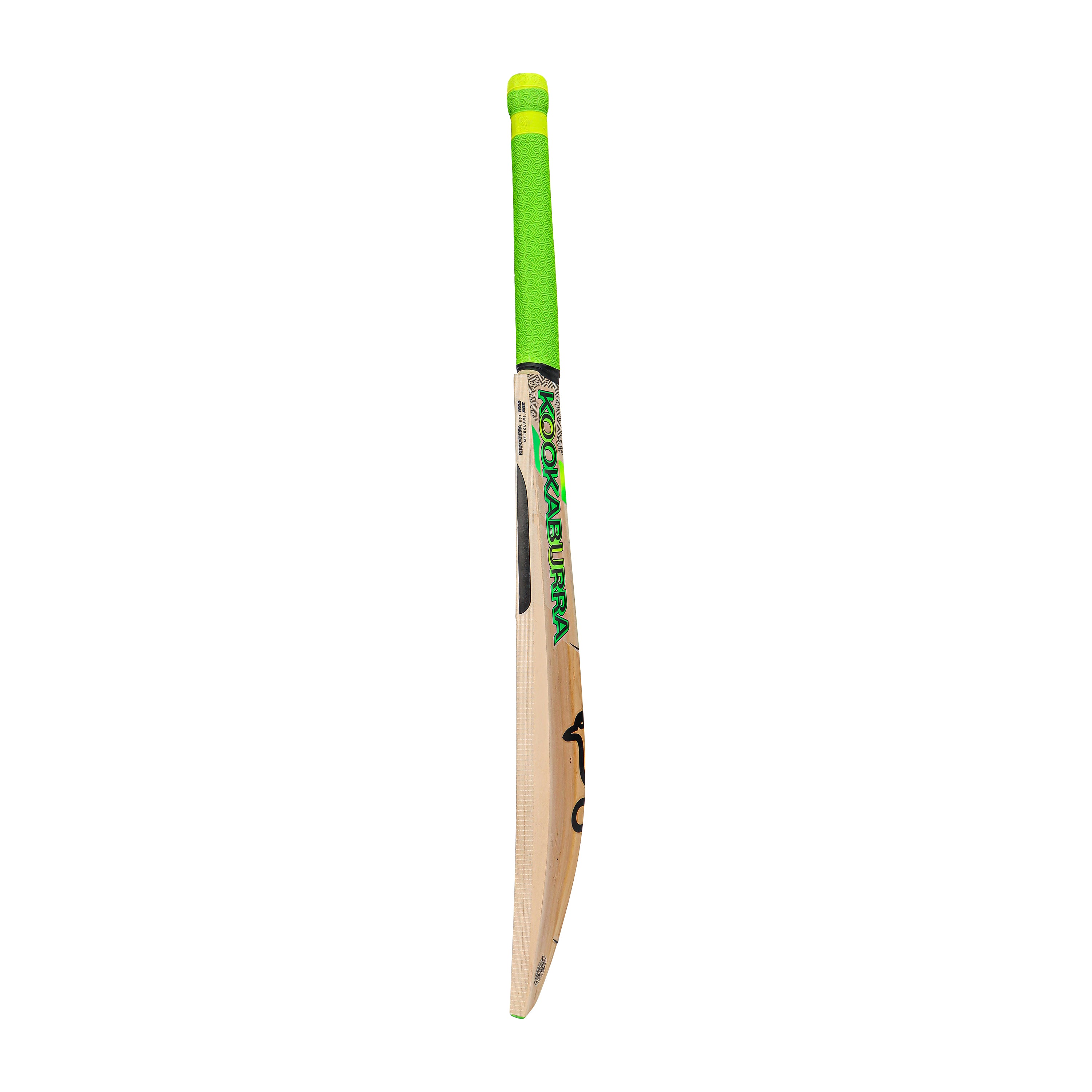 The Kookaburra Kahuna Pro 3.1 Icon Junior Cricket Bat 2026, made from English willow with a bright green handle and logo, is displayed upright against a plain white background.