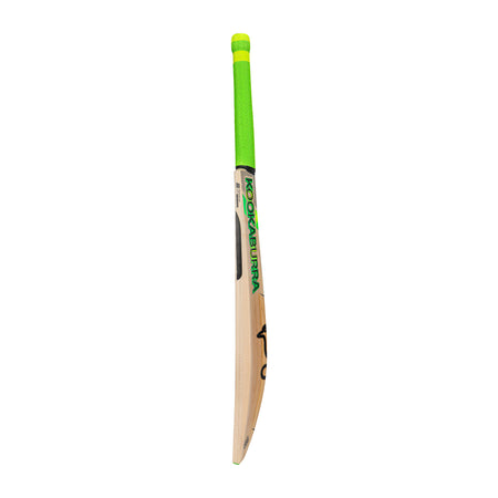 The Kookaburra Kahuna Pro 3.1 Icon Junior Cricket Bat 2026, made from English willow with a bright green handle and logo, is displayed upright against a plain white background.