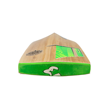 Close-up of the bottom edge of a Kookaburra Kahuna Pro 3.1 Icon Junior Cricket Bat 2026 with green and white stickers and a green base, photographed against a white background.