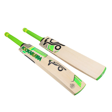 Two Kookaburra Kahuna 5.1 Legend Cricket Bat 2026 by Kookaburra, featuring light wooden blades and bright green handles, are shown side by side to display the front and back designs with logo and graphics.