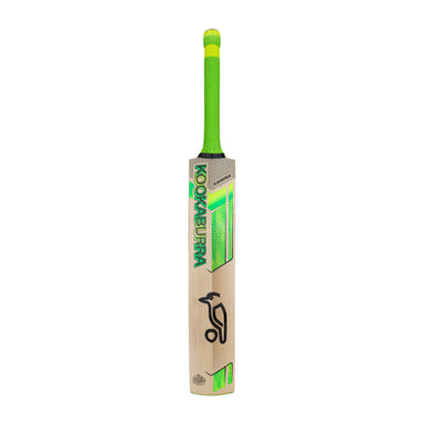 The Kookaburra Kahuna 5.1 Legend Cricket Bat 2026 features a bright green handle and accents, with the Kookaburra brand name and logo on the blade, displayed against a white background.